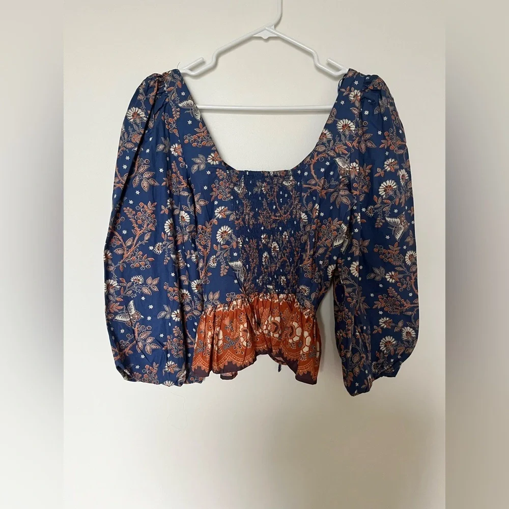 House of Harlow 1960 Nastassia blue and orange floral billowy puff sleeve - Picture 5 of 16